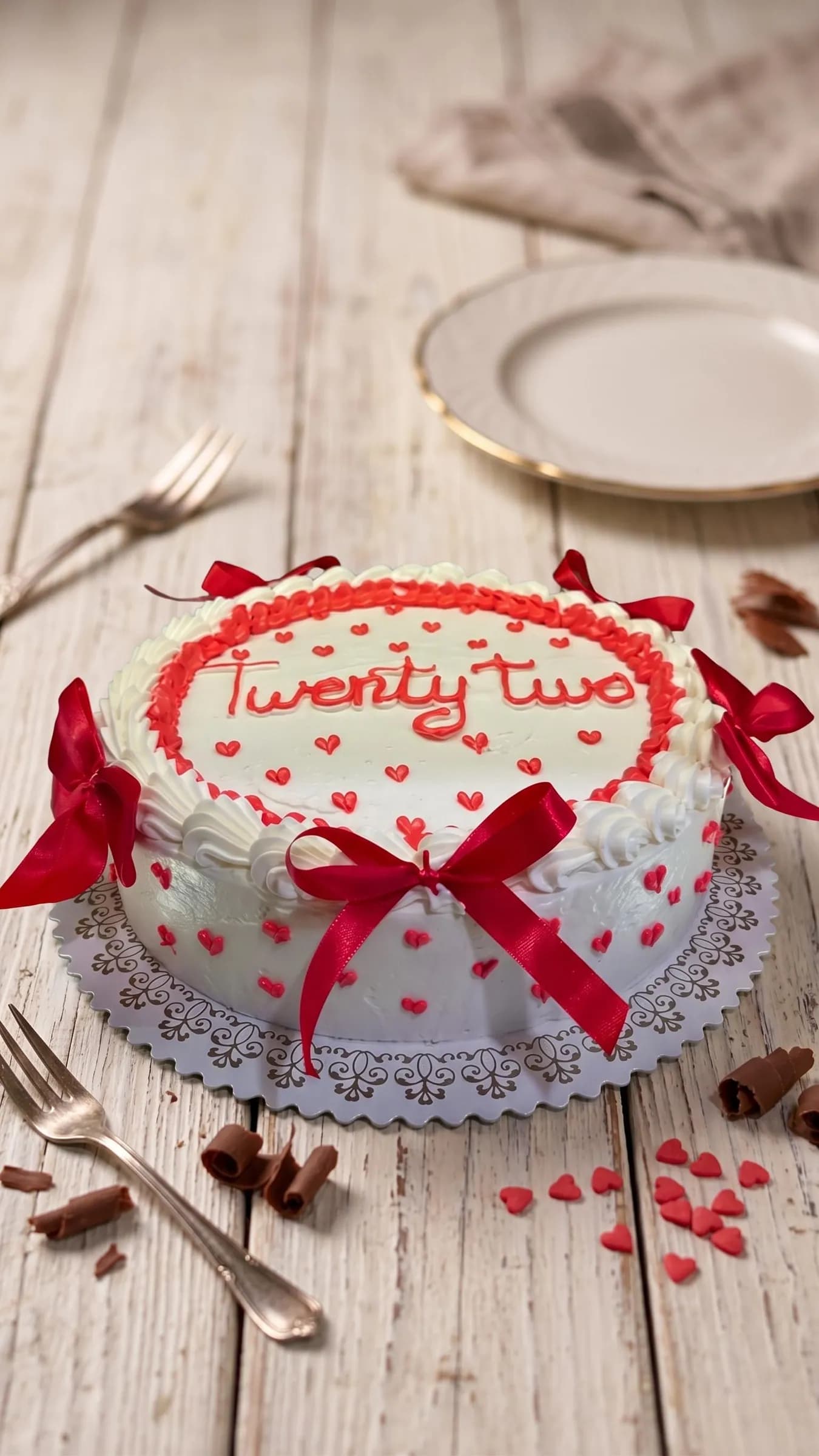 Geburtstagstorte „Twenty two“ mit roten Herzen und Schleifen