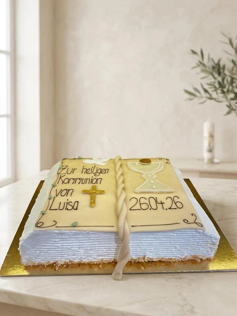 Kommuniontorte in Buchform mit Kreuz und Kelch