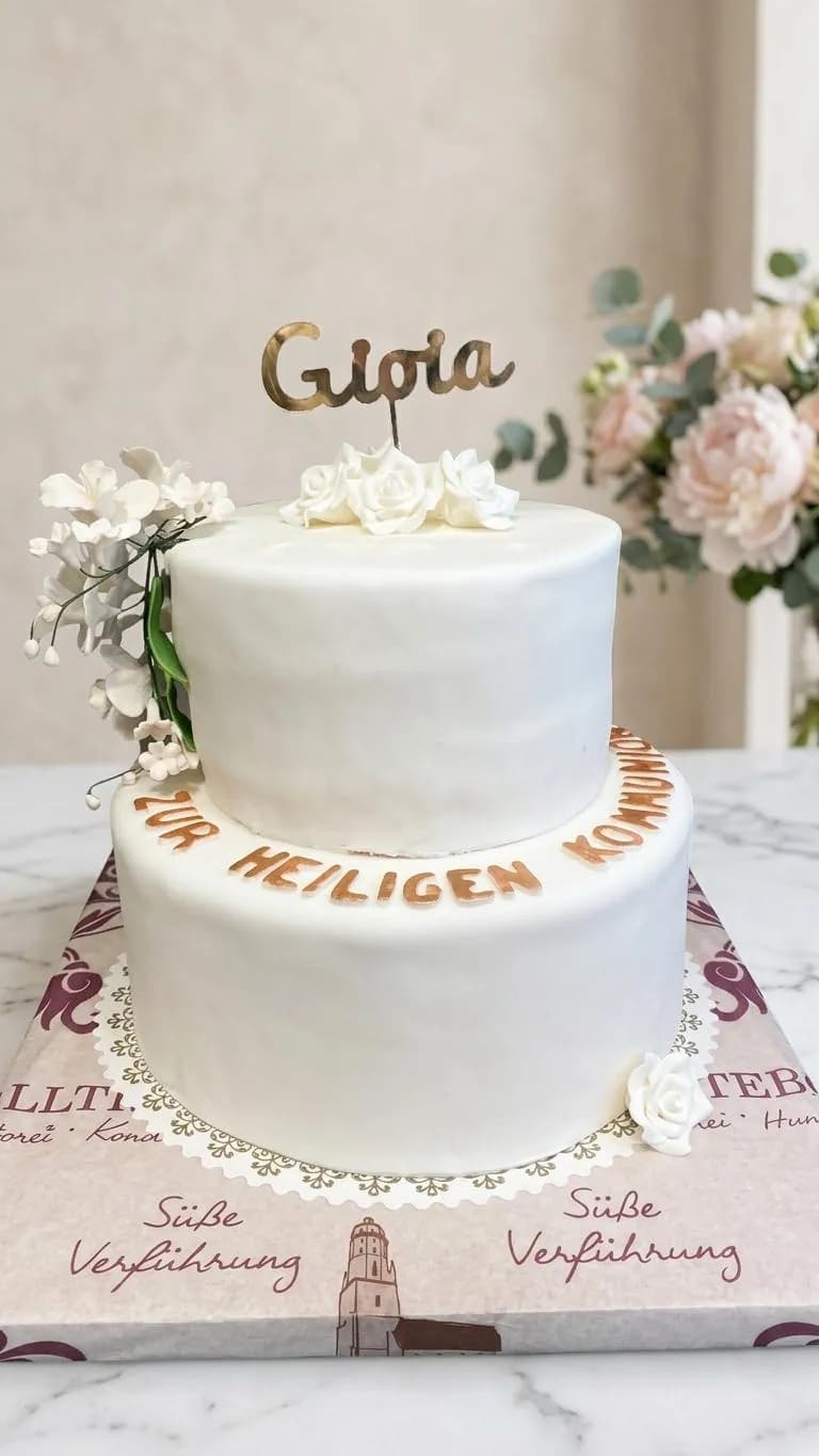 Zweistöckige weiße Kommuniontorte mit Zuckerblüten und Namensstecker
