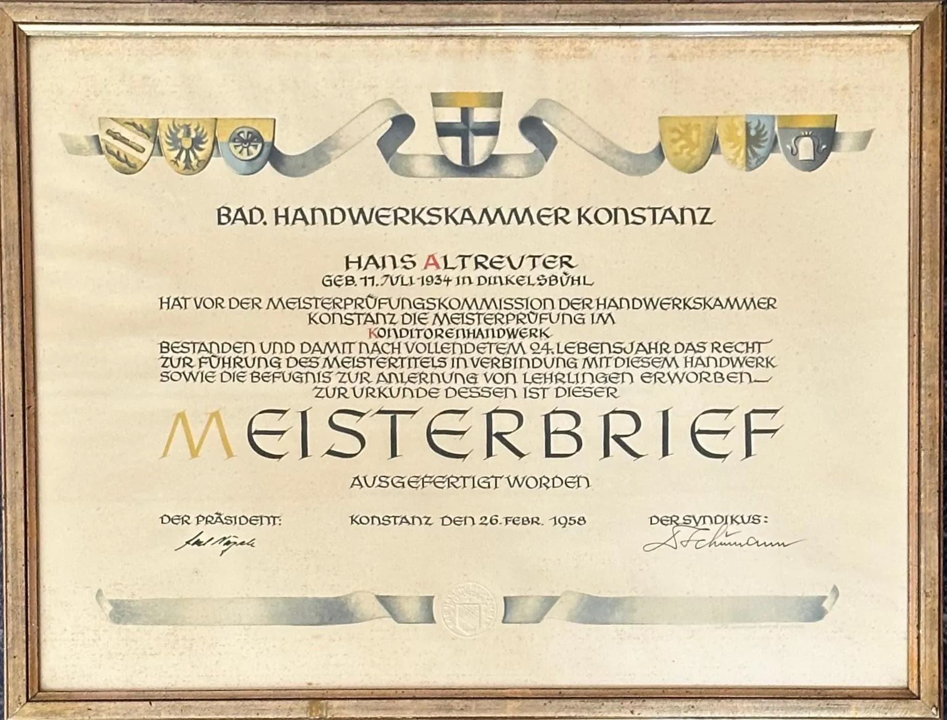 Meisterbrief von Hans Altreuter, Handwerkskammer Konstanz, 1958
