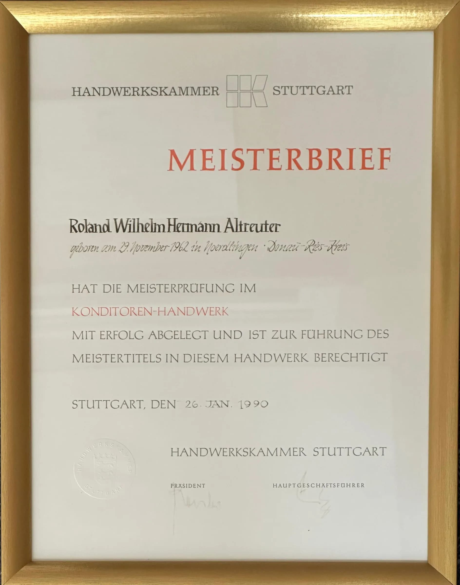Meisterbrief von Roland Altreuter, Handwerkskammer Stuttgart, 1990